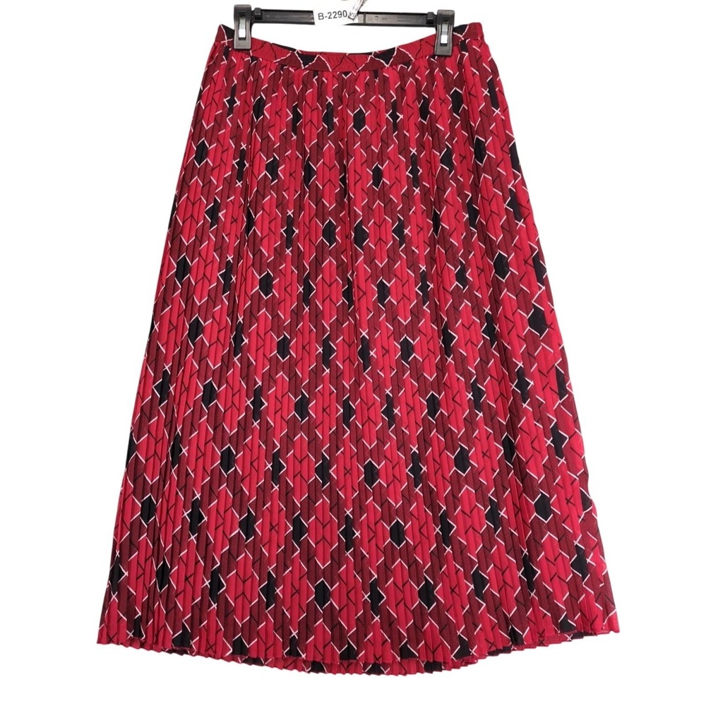 Cathy Daniels Red Argyle Pleated Midi Skirt Sz L Elastic Waist Retro Academia